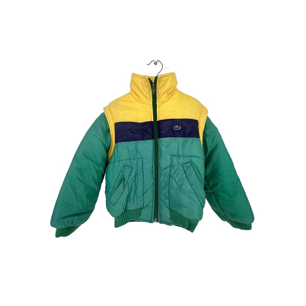Vintage Lacoste Boys Puffer Coat VestZip Off Sleeves Retro Stripe 80s Size 7